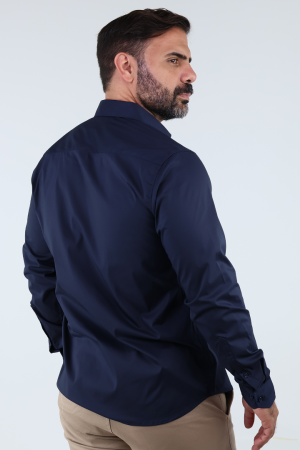 Camisa de Vestir Moda Manga Larga Slim Fit Azul Marino Para Hombre